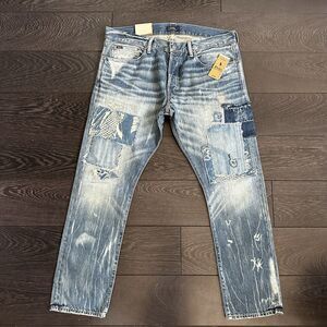 Polo Ralph Lauren The Sullivan Slim Distress Patchwork Blue Jeans Men’s 35x30